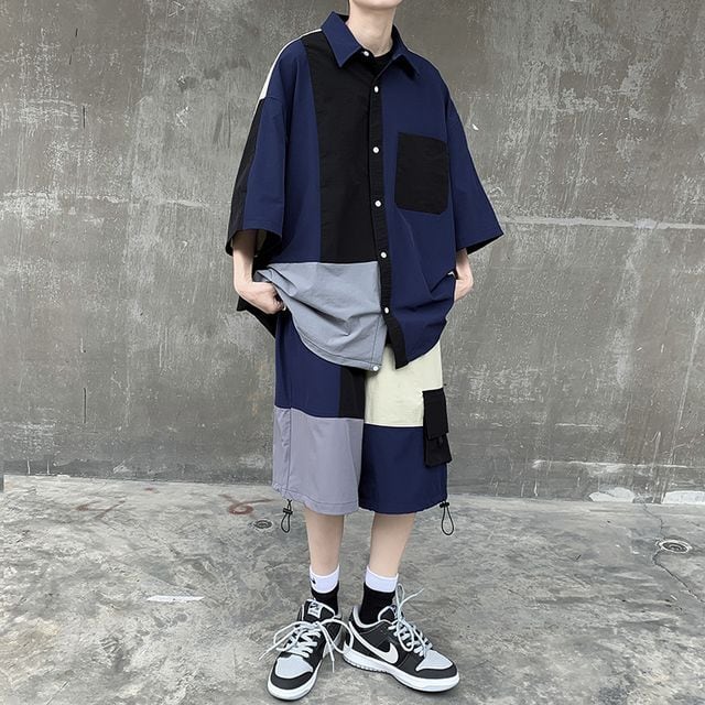 予約販売】メンズ セットアップ 上下 半袖 ハーフパンツ 切り替え