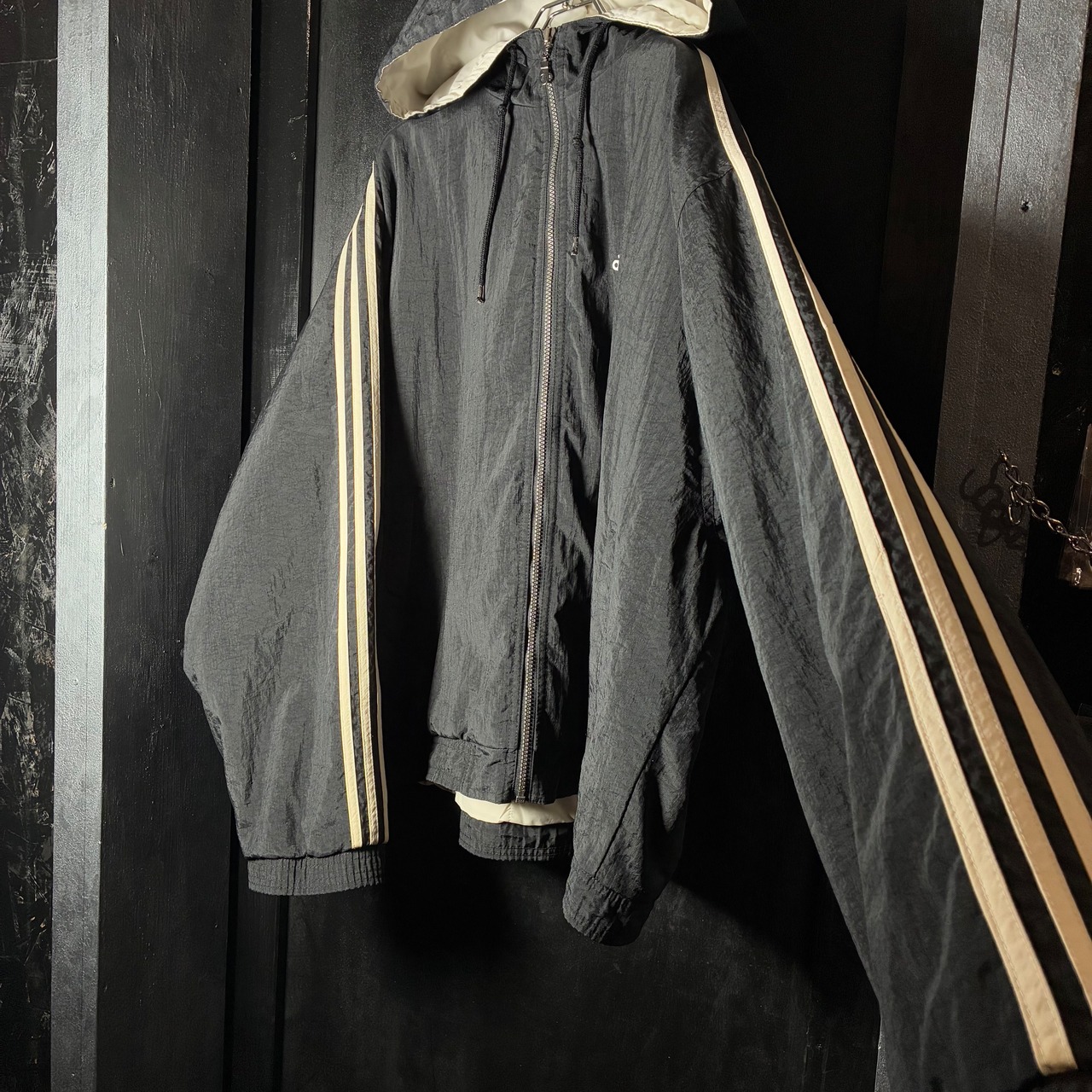 90s〜00s adidas 中綿ナイロンジャケット 3ストライプ ジップパーカー ブラック