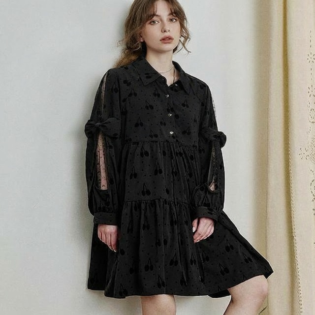 Lace flocked cherry print dress 00311