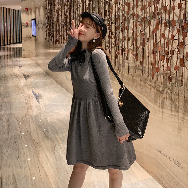 【新作】【送料無料】 マタニティウェア2019秋冬バージョンの新しいファッションボウニットウエストミドルレングスマタニティドレス-アリババ リボン オータム 秋物 ウィンター 冬物 expec284909539358