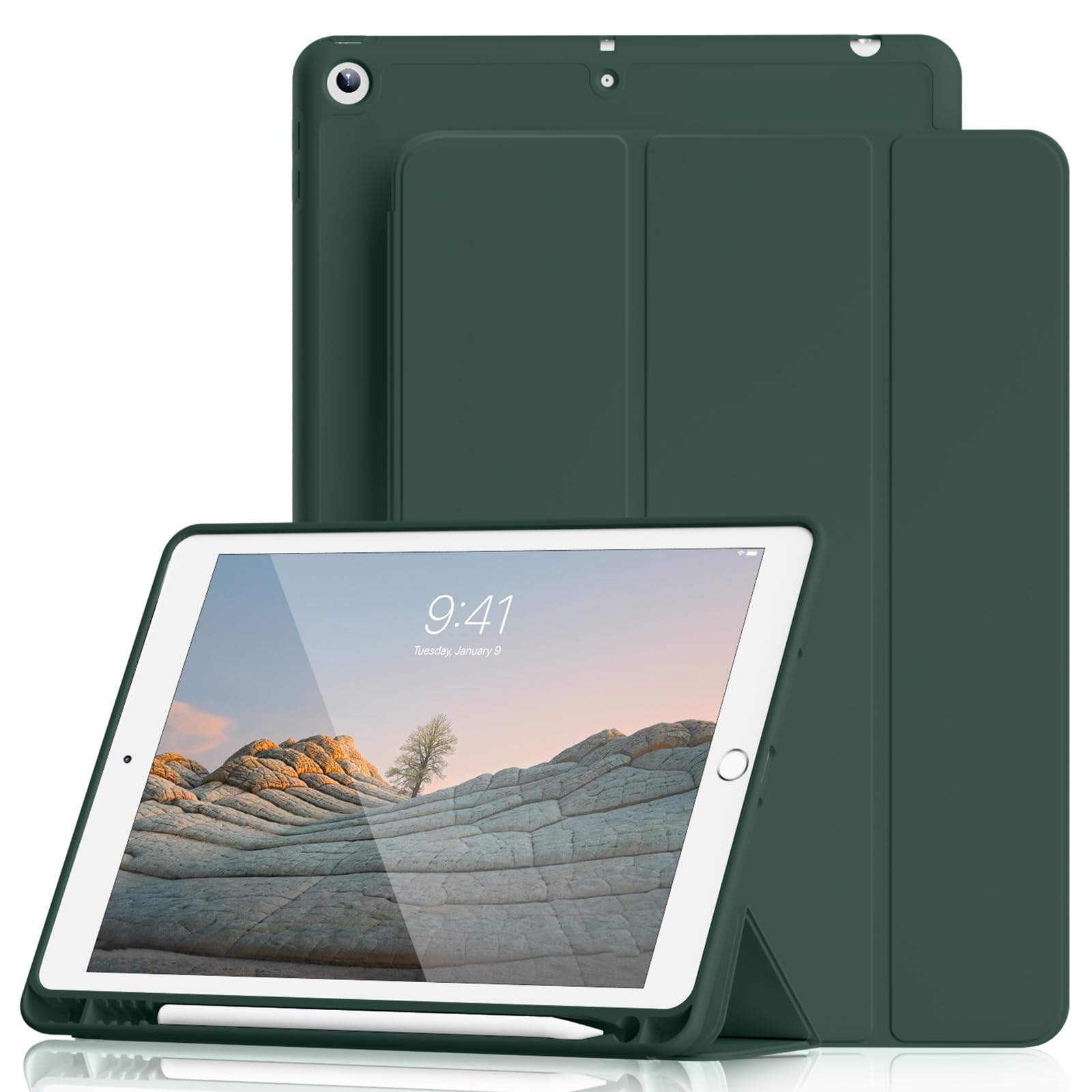 Lsmmpoba iPad 9世代 ケース 10.2インチ ipad ケース 第9/8/7世代 カバー (2021/2020/2019対応) Pencil収納可能 三つ折スタンド スリープ機能 軽量 薄型 傷つけ防止 PU合成レザー (モデル番号A2602、A2603、A2604、A2605) パイングリーン