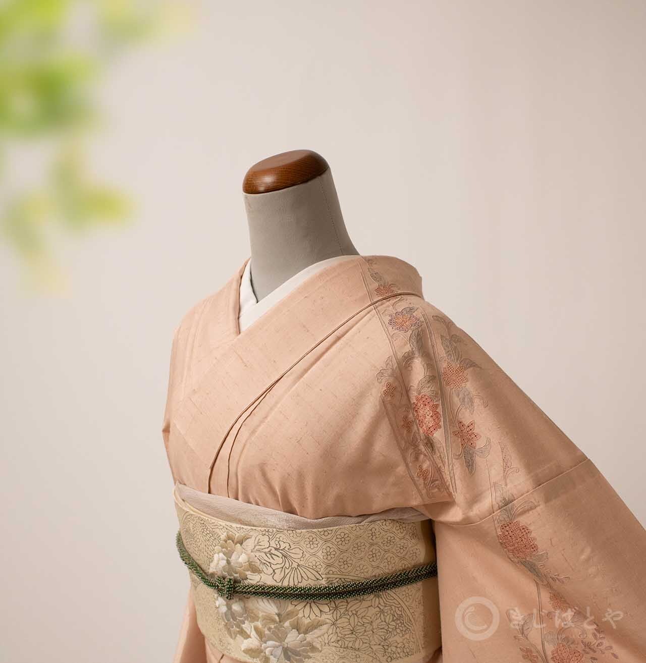 正絹紬 今様色に刺繍の付け下げ 単衣 | きじばとや