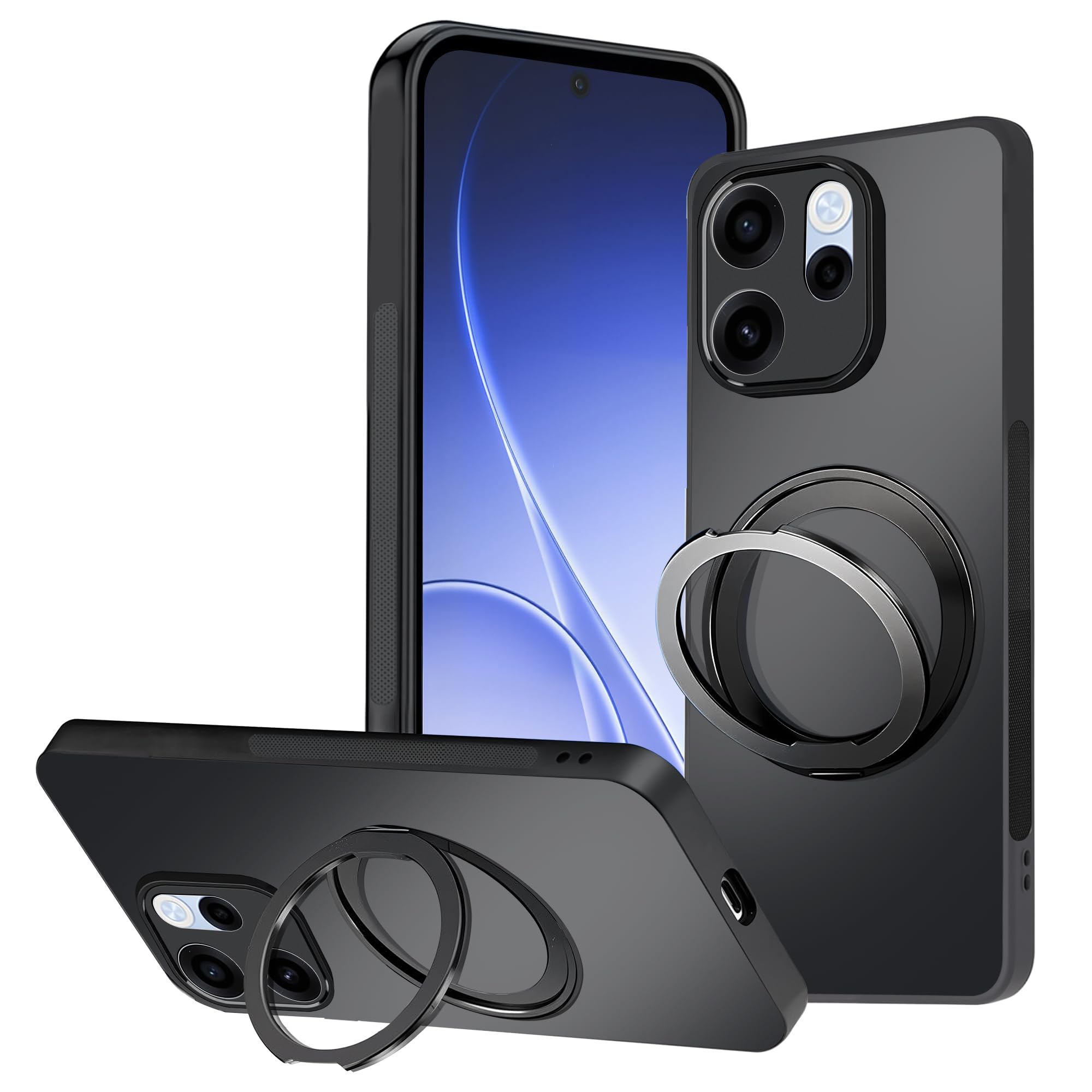 ZXZone OPPO Reno15 A 用 ケース リング付き 360°回転スタンド Magsafe対応 スタンド機能 縦横両対応 カバー 耐衝撃 MIL規格 滑り止め 防指紋 ストラップホール仕様 ワイヤレス充電 スマホケース ブラック (Reno15A 対応)