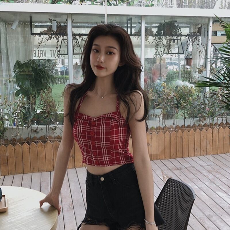 2020年春夏フロントフランジレッドチェックホルターベスト1列バックルスリングオールマッチシンスリング YY-ファッション94037435727