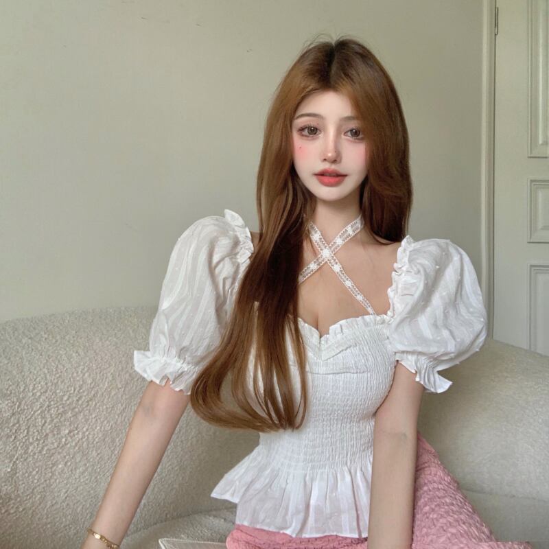 レーススリーブシャツ サマーショートホワイトカラー半袖トップス ハーフスリーブ 夏物 スクウェア ブラックストロベリース51046007281