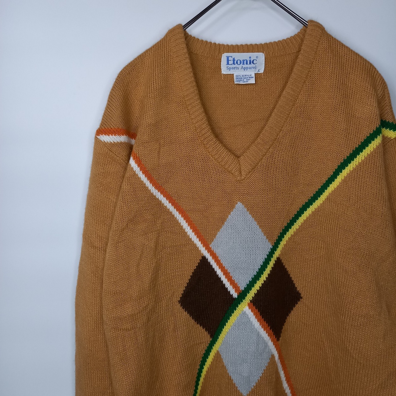 90s　台湾製　Etonic Sports Apparel　Vネック　アクリルニット　セーター　アーガイル　中厚手　ベージュ　L