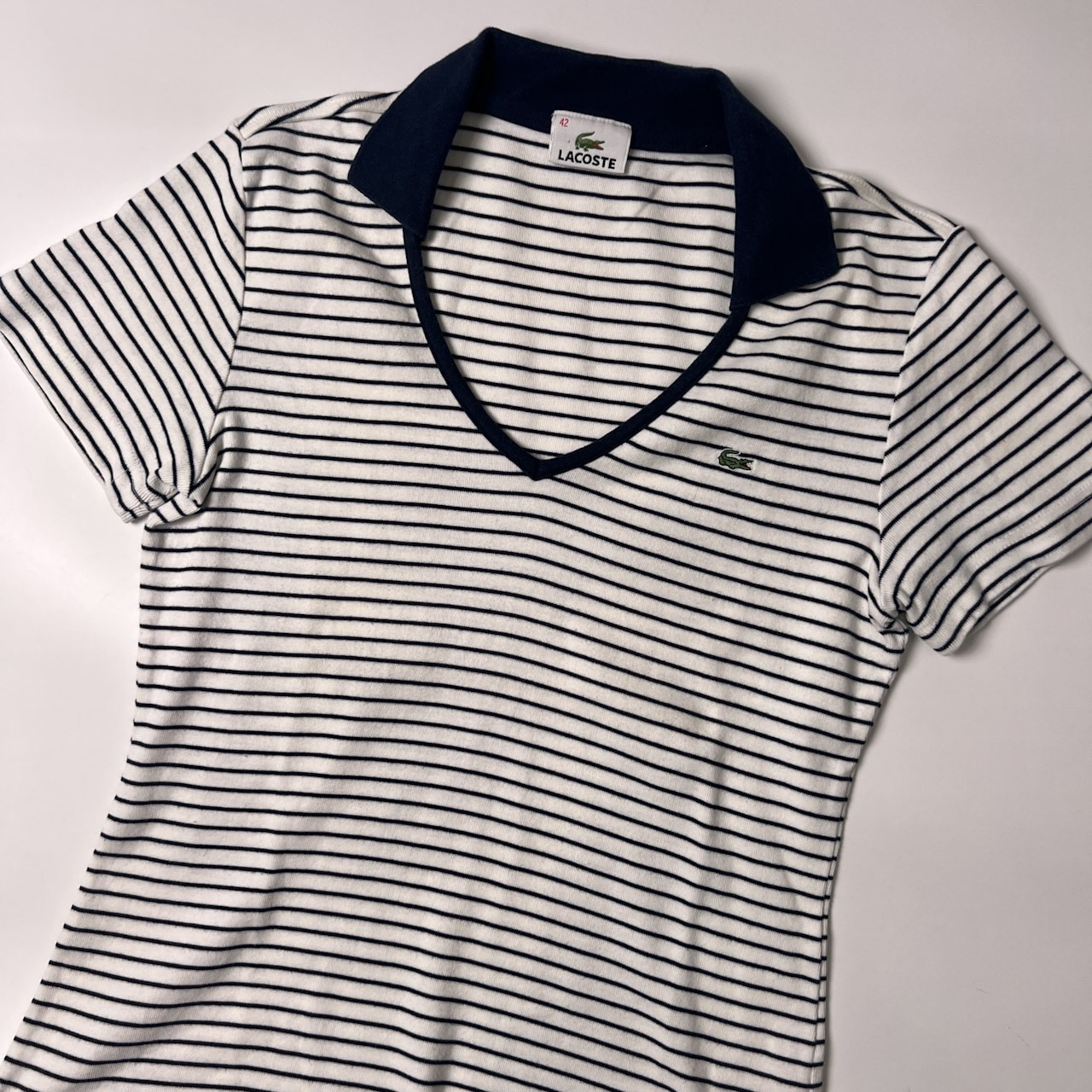 LACOSTE ラコステ ボーダー スキッパー 襟付き 半袖シャツ 42/ホワイト ネイビー