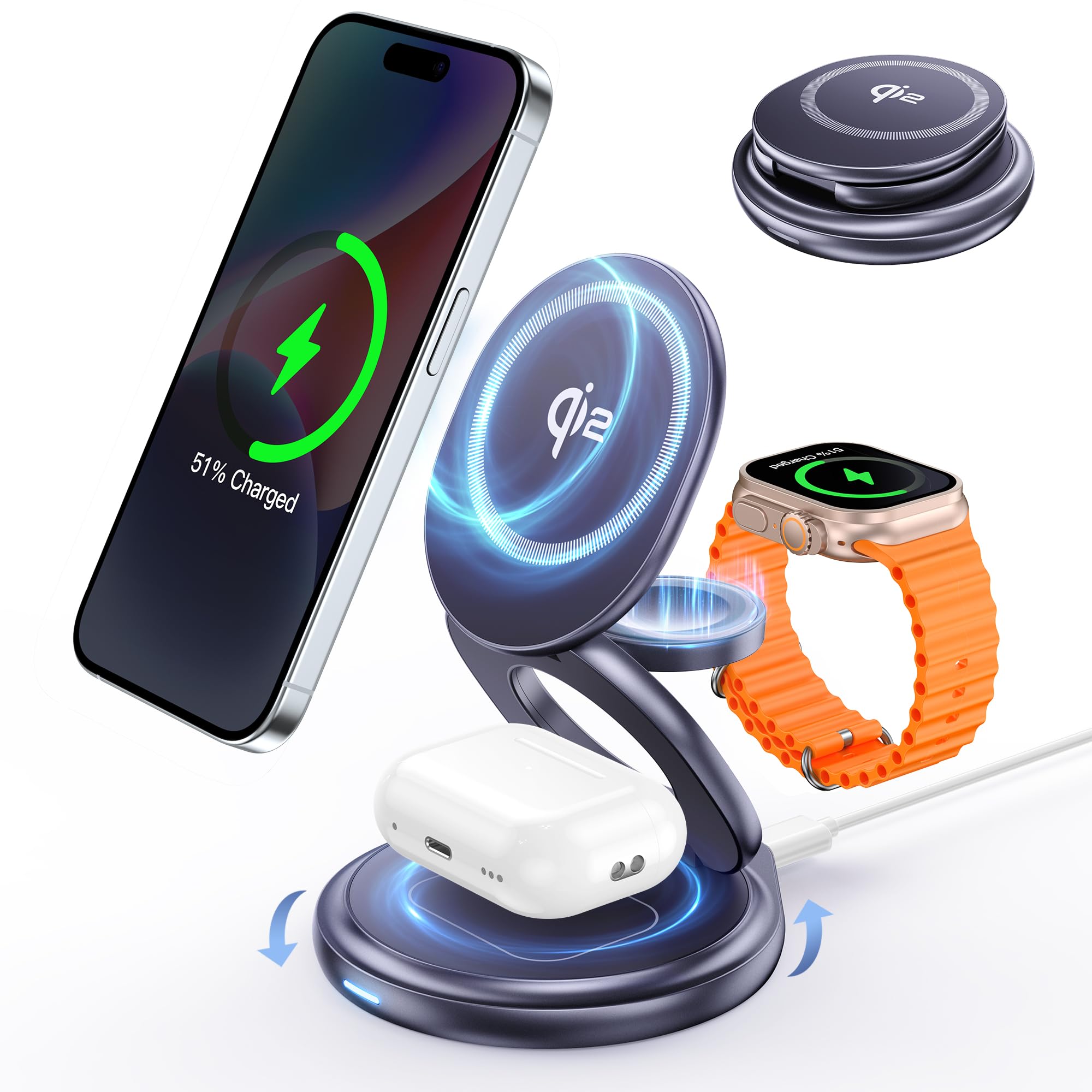 【在庫のみ】RORRY 2025最新強化版 3in1 ワイヤレス充電器【リアル15W Qi2認証済み 360°回転式スタンド】折りたたみ式magsafe充電器 自由調整 低温安全 3台同時充電 マグセーフFor iPhone/applewatch/Airpods 亜鉛合金 qi2 急速For iPhone14/16/15/14/13/12/Google Pixel 10