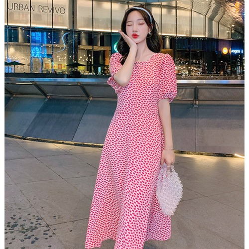 半袖ワンピース ハート 夏服 フェミニン ウエストリボン Aラインスカート プルオーバー ハイウエスト ラウンドネック ロングスカート 半袖 フェミニン カジュアル 大きいサイズ ゆったり 体型カバー