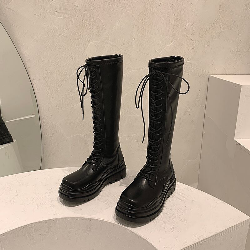 ブーツスキニーウィンターロング レース 靴 シューズ 冬物 ラウンドトー レースアップ フェイクシューズ62483614500