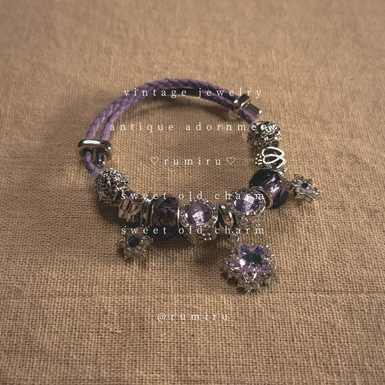 ハンドメイド おしゃれ パープルビーズ レトロ フラワーチャーム ブレスレット - 2