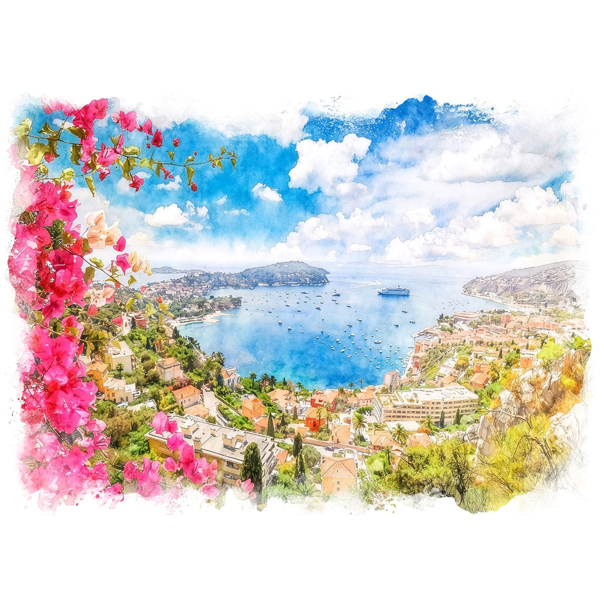 絵画 風景画(街並み) フランス コートダジュールの美しく小さな町 インテリアアート額付き 水彩画・油絵風 WAT1610