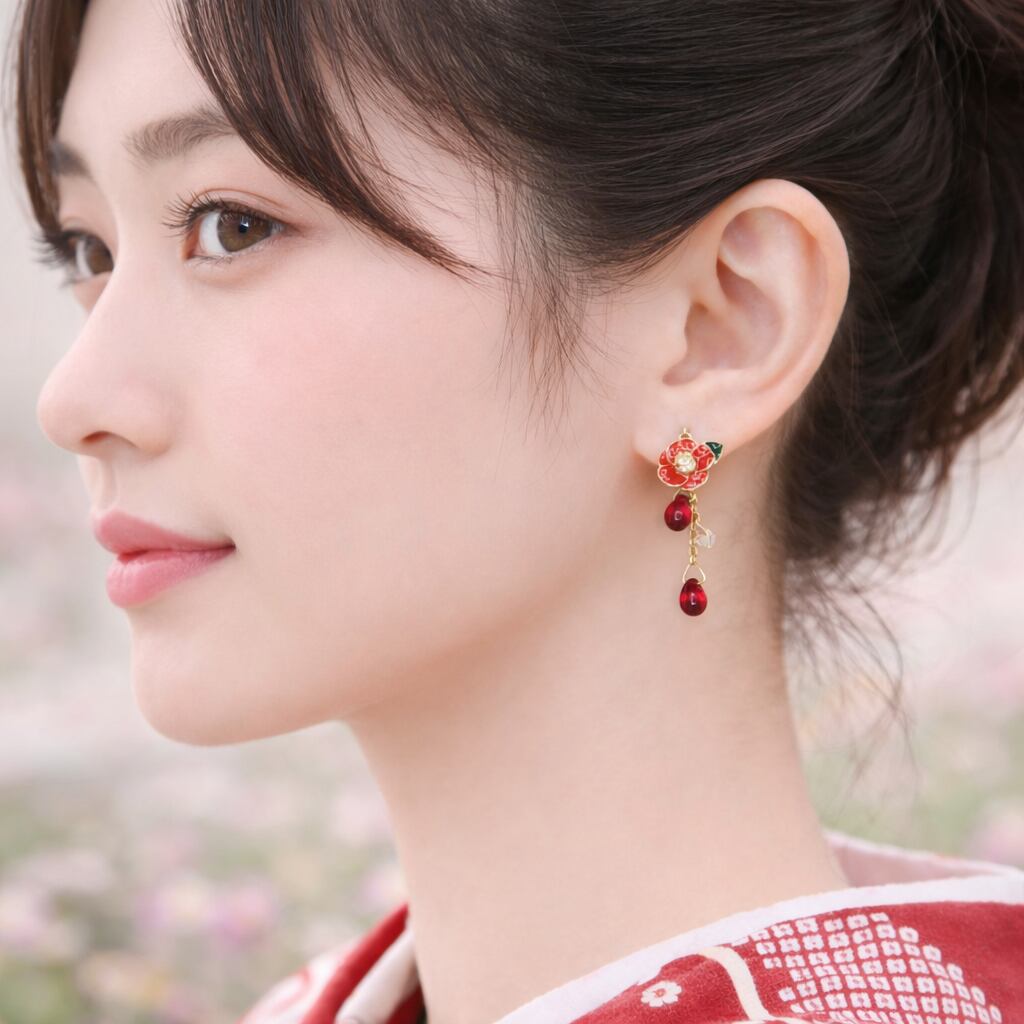 春霞に咲く椿の雫ピアス | こはなむすび