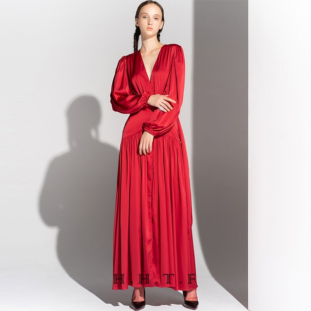 ワインレッド マキシ丈 Ｖネック ハイウエスト パーティードレス ipd0402 