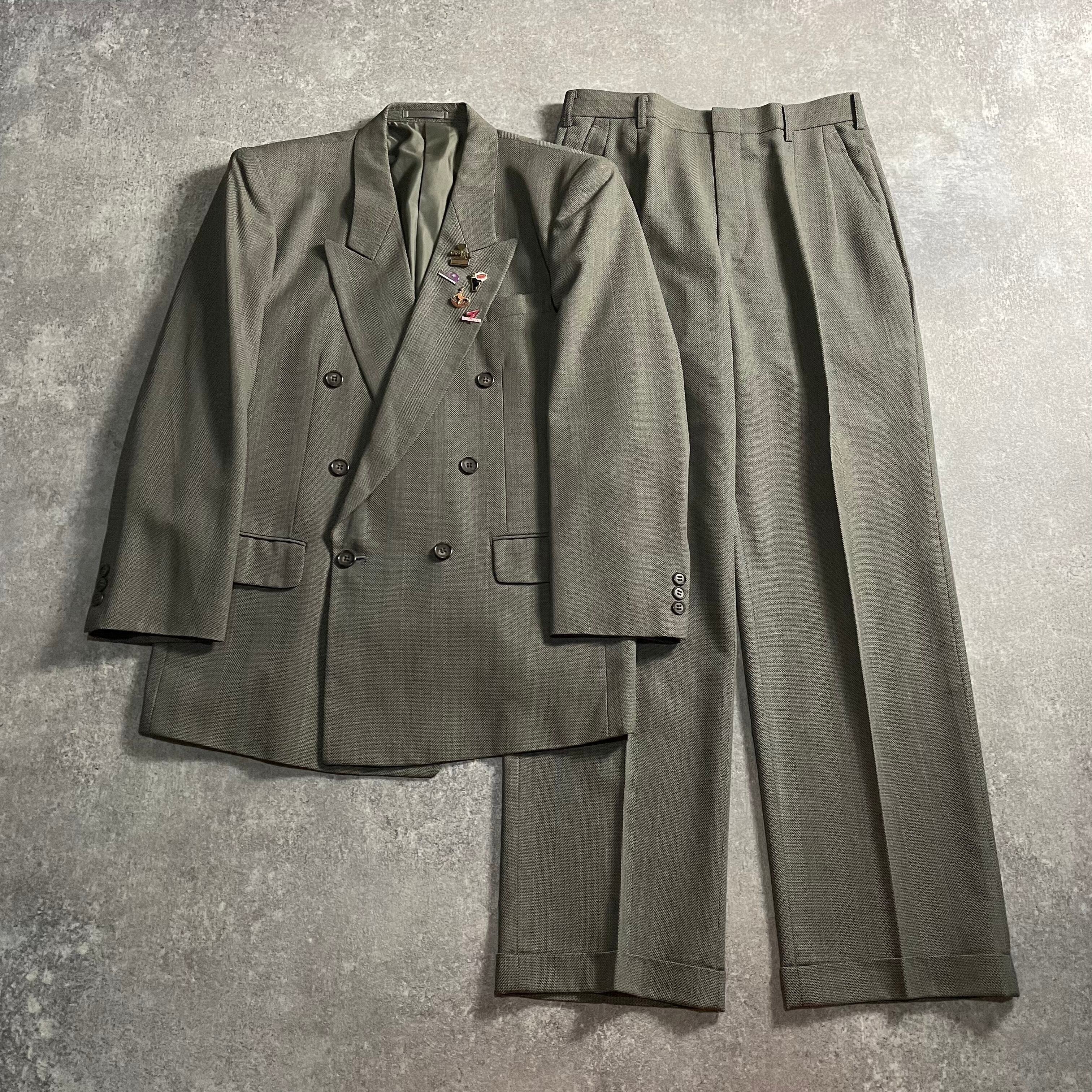 90s 【vintage】ダブルスーツ セットアップ ダークグレー ピンズ ヴィンテージ セットアップ ダブルスーツ グレーブラウン フル