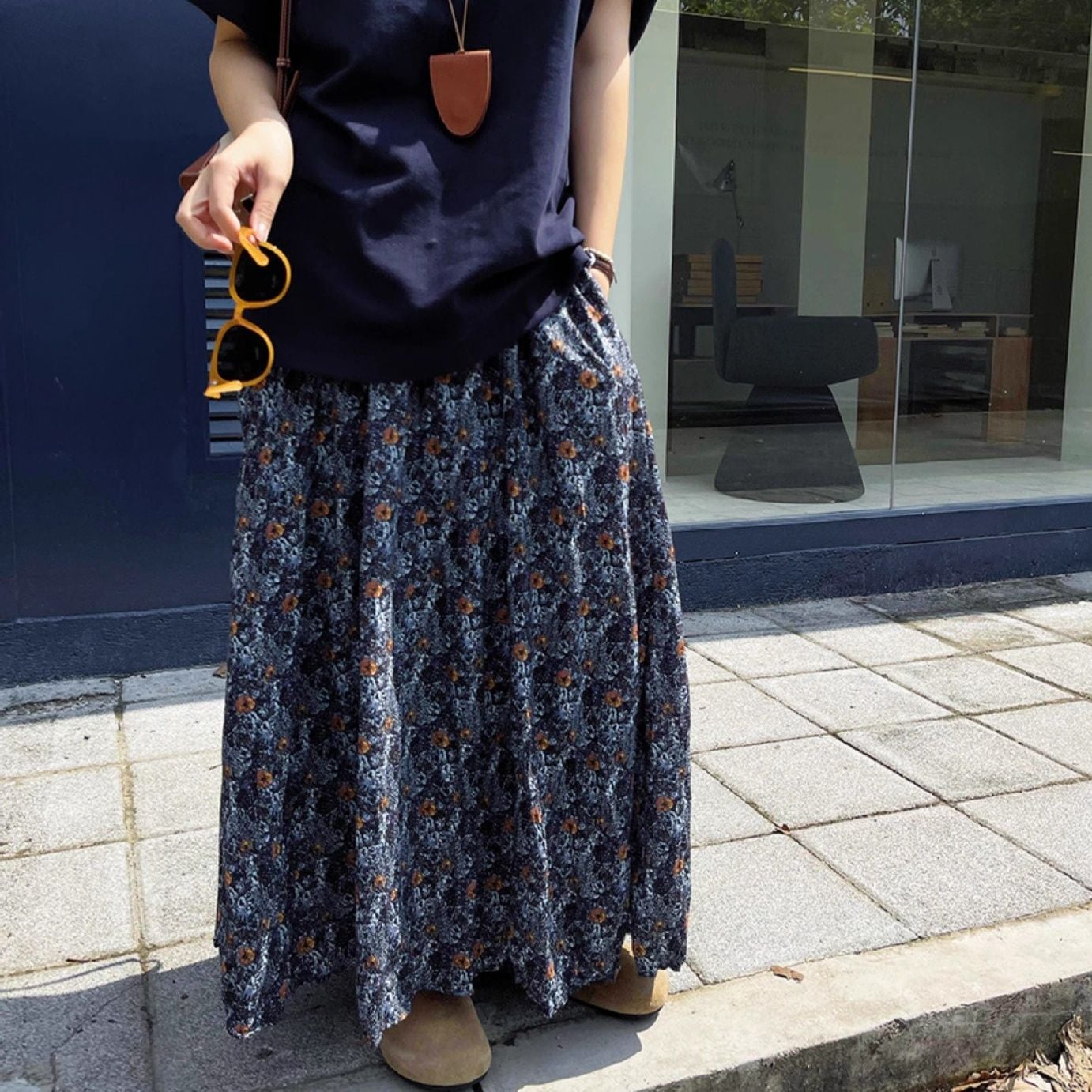 FLOWER PRINT A-LINE WRINKLED MAXI DESIGN SKIRT 1color M-16137