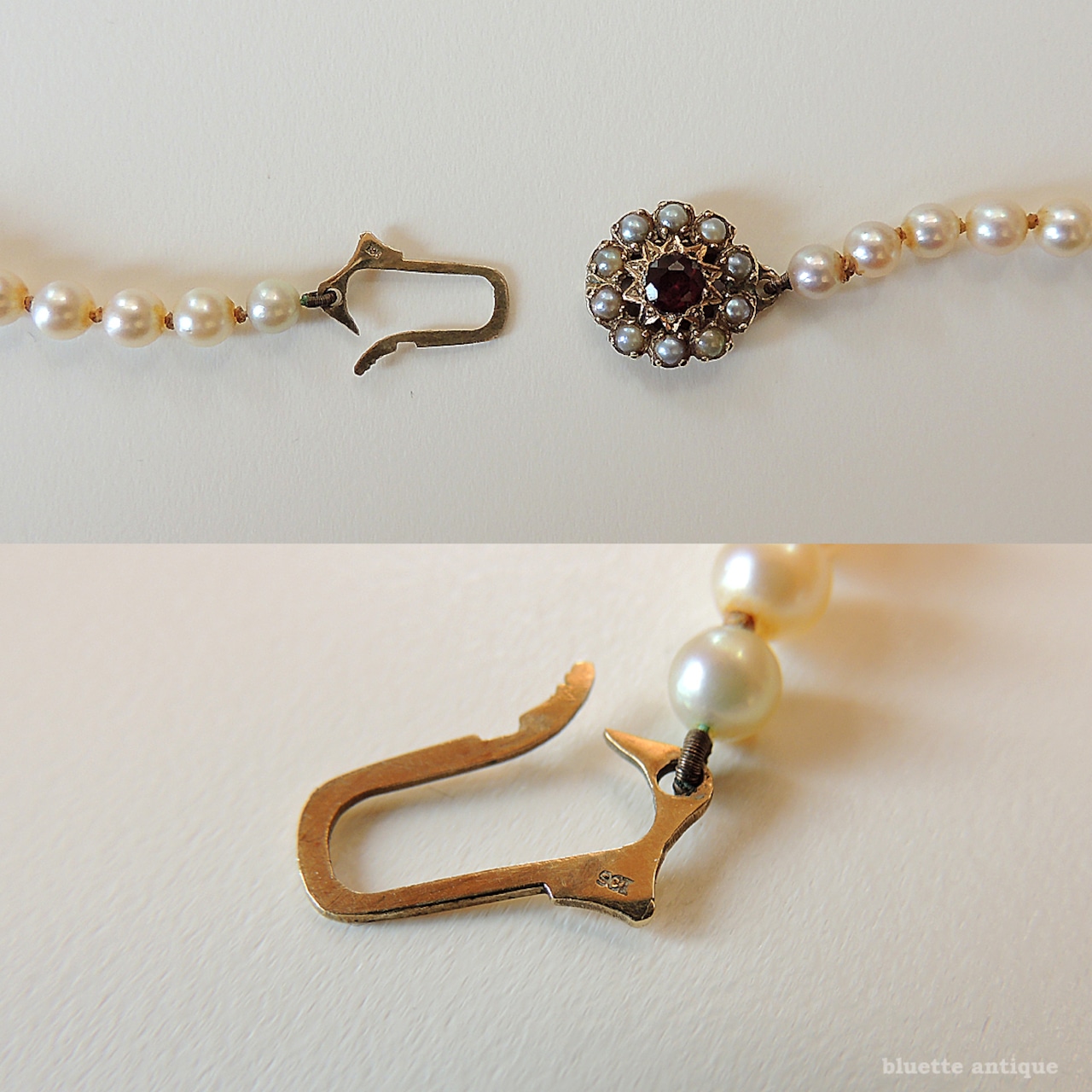 アンティークジュエリー 9ctゴールド アコヤ真珠 天然ロードライトガーネット ネックレス(ソーティングメモ付)