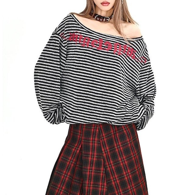 ゴシックレタリングボーダーボートネックカットソー 2col R01912