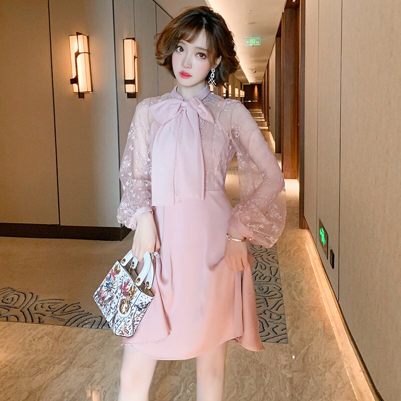 カラーレースウェストドレス オータム レッド リボン 刺繍 秋物 MIUCO22769728767