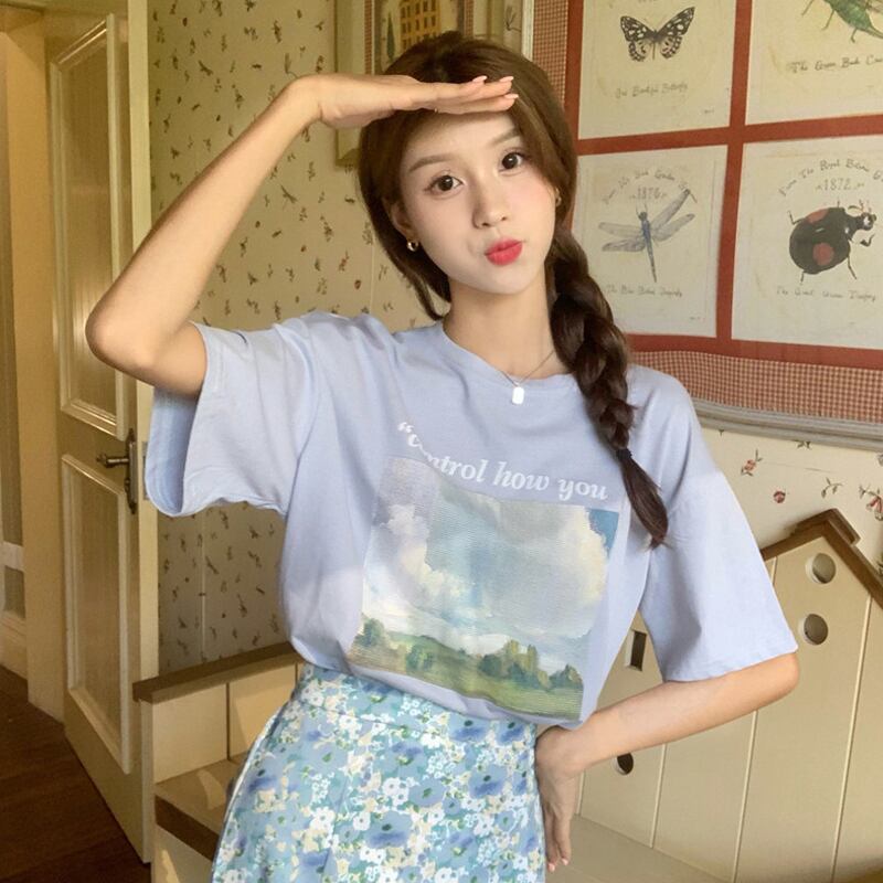 スタイルブルーTシャツ レディースサマースタンダードルーズトップス レトロ かわいい 夏物 試着室25080118276