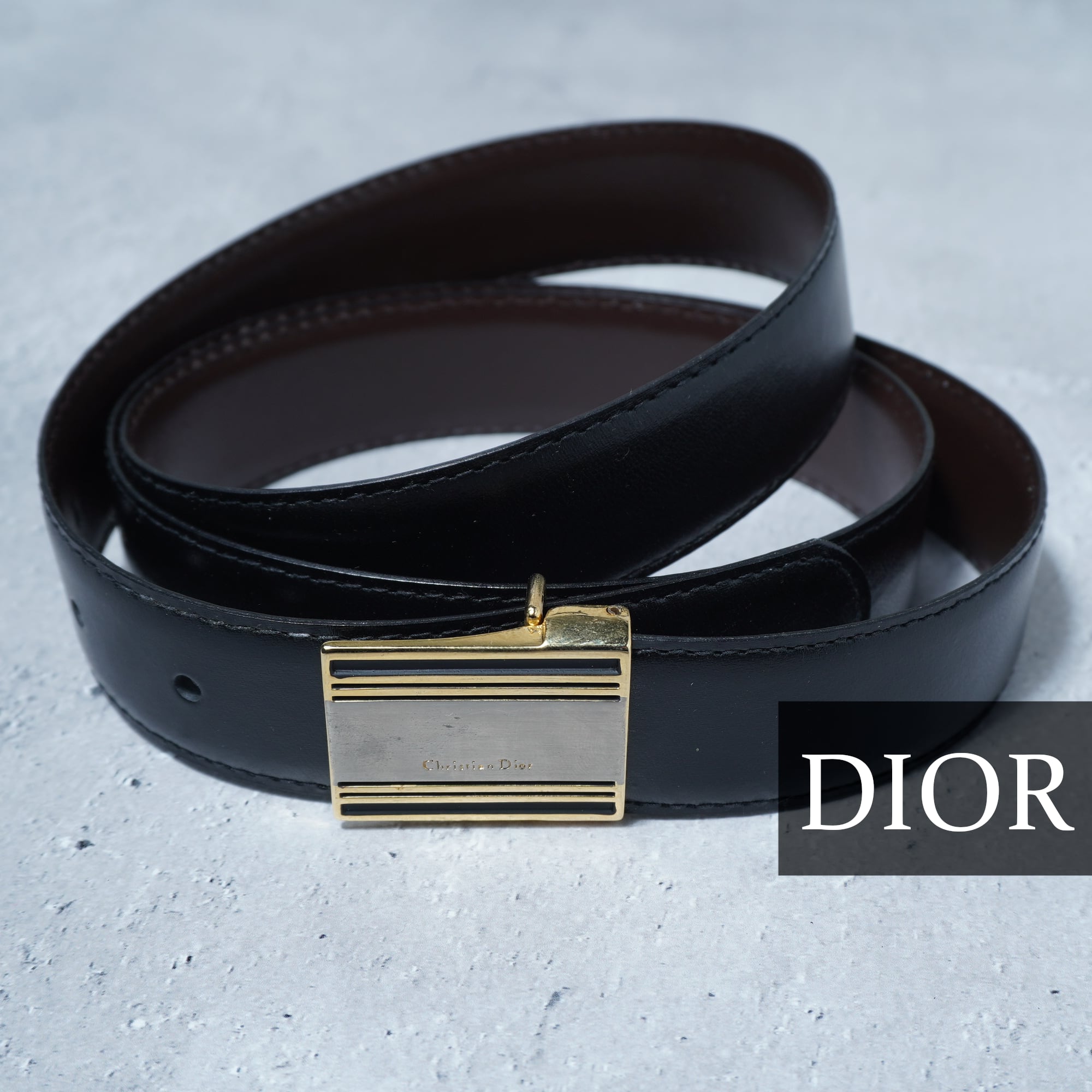 Christian Dior】クリスチャンディオール ロゴゴールドバックルレザー
