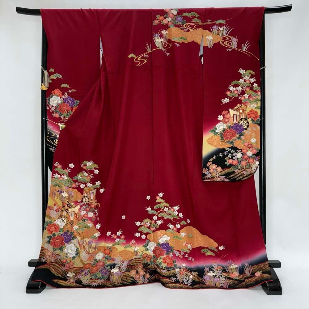 振袖 中古 エンジ 正絹 古典 裄67cm 身丈169.5cm 美品 L サイズ 成人式 4446