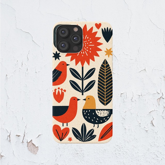 受注生産 iPhoneケース 鳥と花の民芸パターン｜北欧フォーク風 FMSY009A