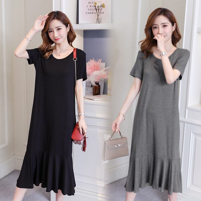 【新作】【送料無料】 マタニティドレス2019夏プラスサイズミドル丈マタニティドレスバージョンのピュアカラールーズロータスリーフ裾マタニティドレス-アリババ 大きめサイズ サマー 夏物 expec232227764923