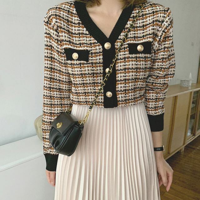 【予約販売】ツイード カーディガン レディース チェック 秋 冬 ニュアンスカラーツイードカーディガン ブラック ピンク ブルー オレンジ