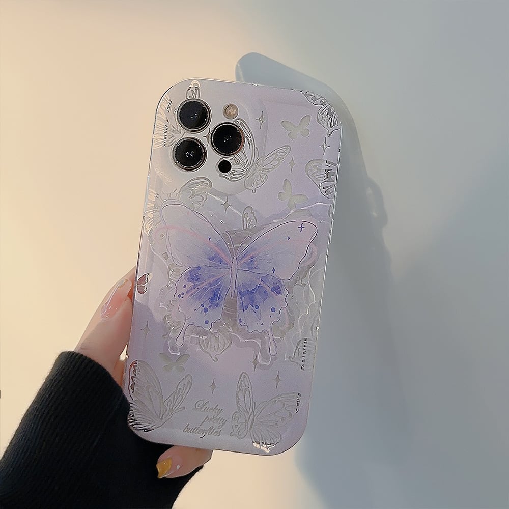 新型iPhone15シリーズ対応】美しすぎる◎ 水彩バタフライ パープル