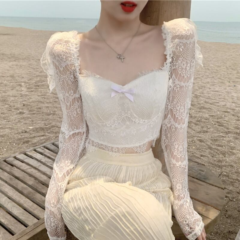 サマースタイルレースシャツ リボンショートトップス レディース ロング 夏物 ピュア ハンチェンe44978917181