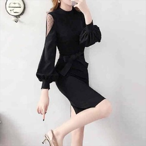 【送料無料】ミニドレス 2色 ウエストリボン ベルティング 無地 長袖 エレガント系 きれいめ 大人可愛い 透け感 ドット柄 ラウンドネック 30代 40代 レディースファッション 可愛い お出かけ 女子会 デイリーユース お茶会 お呼ばれ 授業参観 ブラック レッド