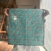 No.73 | インドの木版染めハンカチ || ブルー　ピンク花