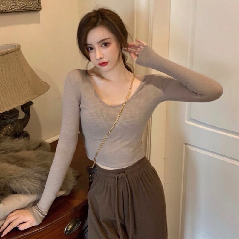 シャツ オータムウィンタースリムスタイルVネックショートニットセーター トップス Tシャツ ロング 秋物 冬物 YY-ファッション43527867901