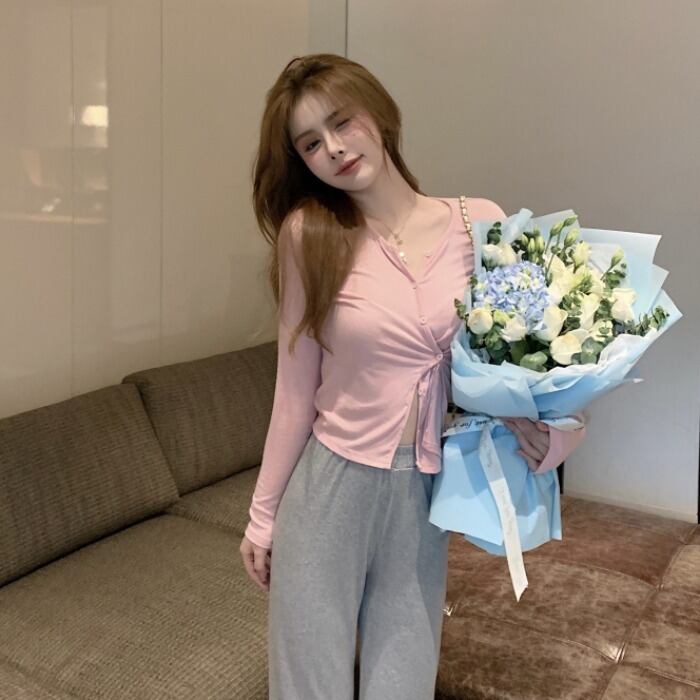 スリム長袖スリーブニットカーディガン薄手パンツ ロング シルク ドラファッションホール81872703908