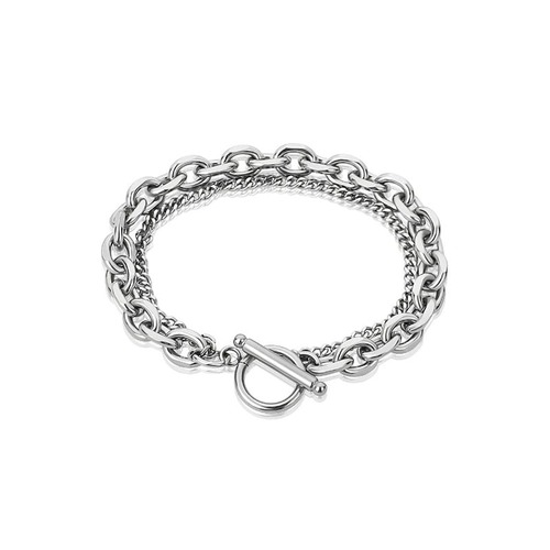 予約 ダブルチェーンマンテルブレスレット メンズ レディース シルバー ブラック 太め 細身 重ね付け風 韓国風 ストリート カジュアル ユニセックス 17cm 19cm 21cm y12134-17-black