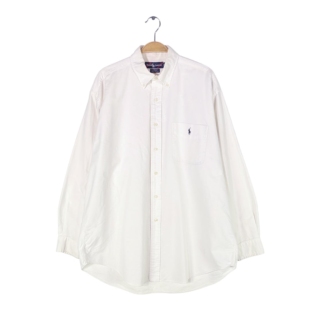90s ラルフローレン ビッグシャツ ボタンダウンシャツ 長袖シャツ ワンポイントロゴ ポニー刺繍 ポケット付 ホワイト RALPH LAUREN BIG SHIRT メンズM 古着 @CA1499