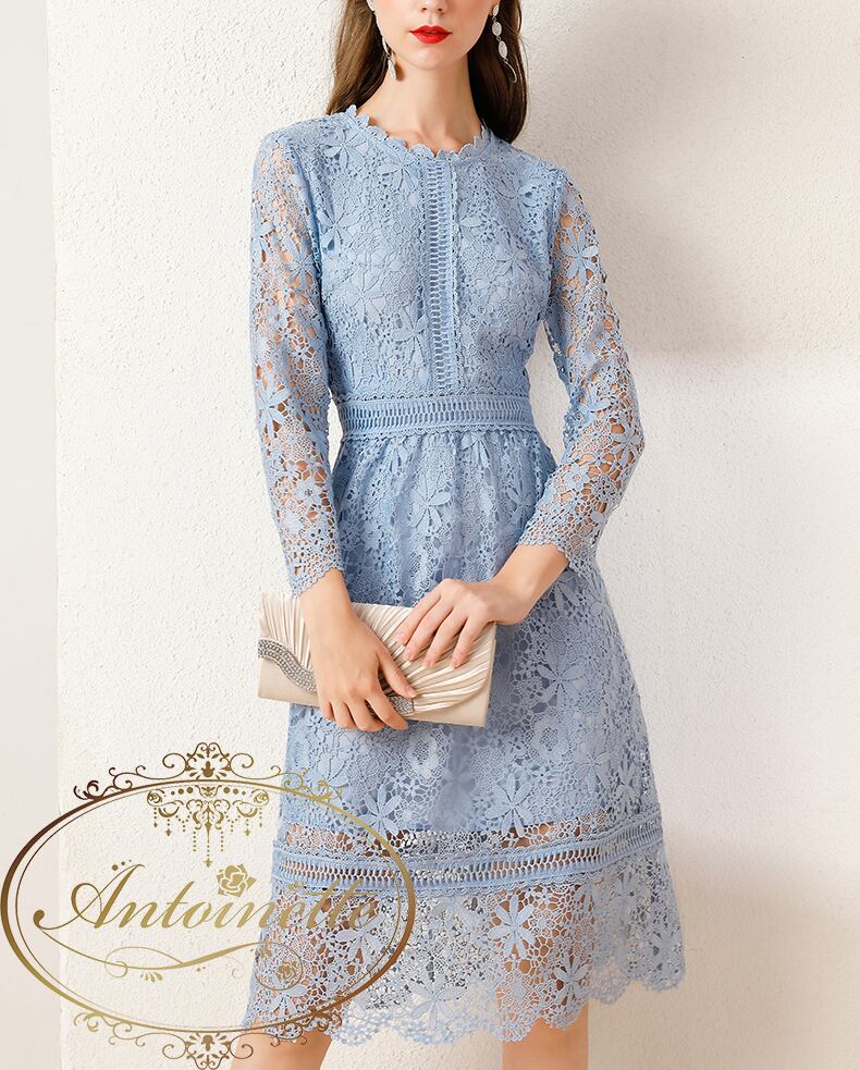 Mサイズ 1 即配 フジテレビドラマ 彼女はキレイだった 宇垣美里 様 ご着用 ブルー ワンピース 上品 お呼ばれ レース 膝丈 レディース Woman Wedding Party One Piece Elegant Antoinette