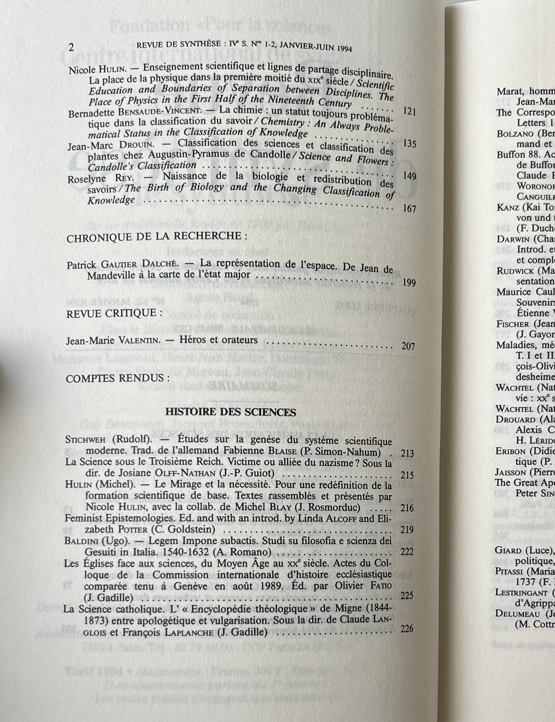 Revue de Synthese: La Classification des Sciences (N° 1-2) / M. Malherbe et al. / Centre International de Synthese, Albin Michel
