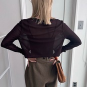 crew neck tulle sheer short tops/brown