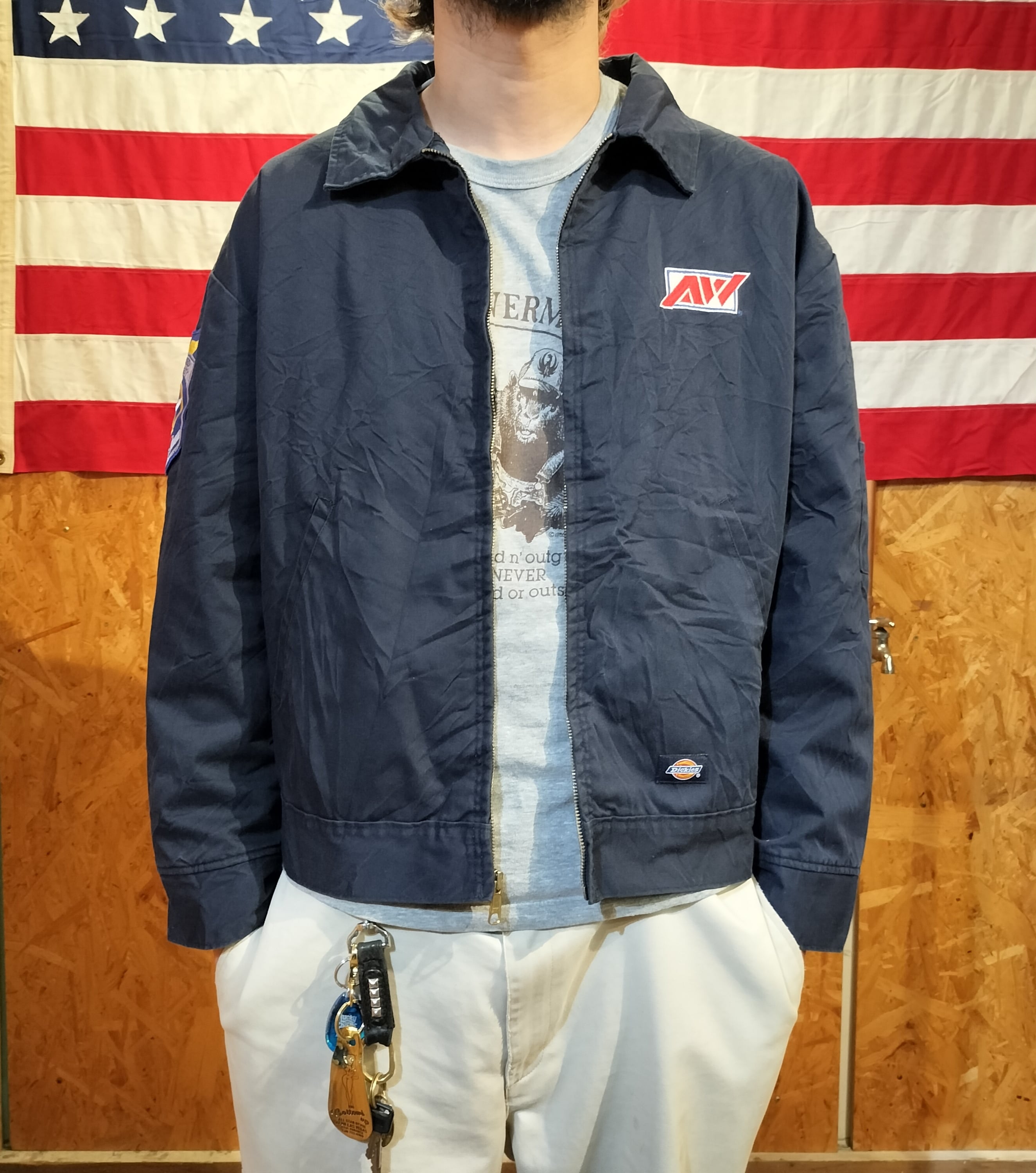 Used ジャケット◆L相当 短丈 濃紺 Dickies ワークジャケット ワッペン 刺繍◆ヴィンテージ USA古着