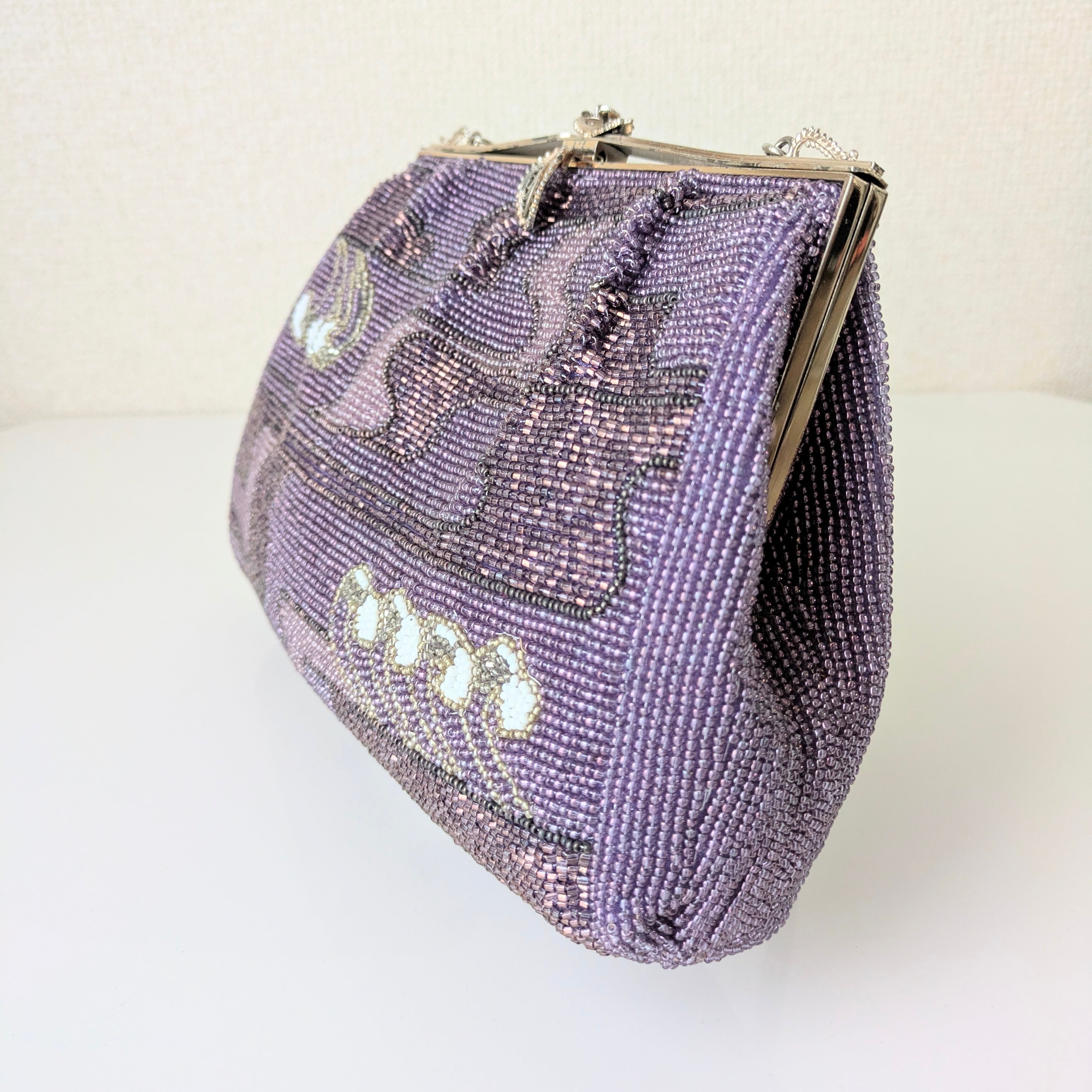 Vintage】ビーズ刺繍バッグ 藤色 流水文 パーティーバッグ クラッチ