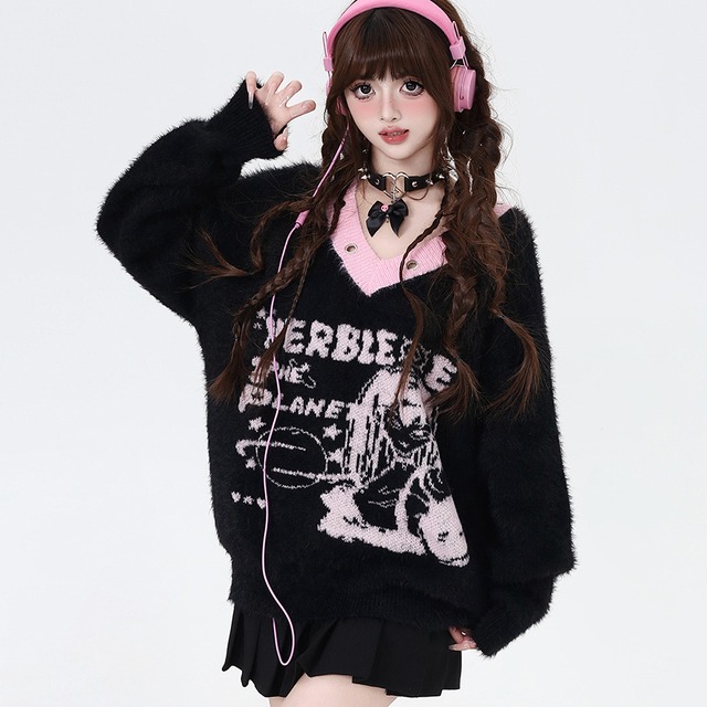 ゴスロリ通販 With U 地雷系 CRAZYGIRLシリーズ ニット Vネック プルオーバー 病み可愛い ダークファッション パンク ロリパン 地雷服 量産型