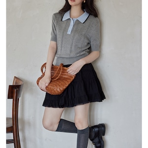 niche small short sleeve gray polo collar sweater