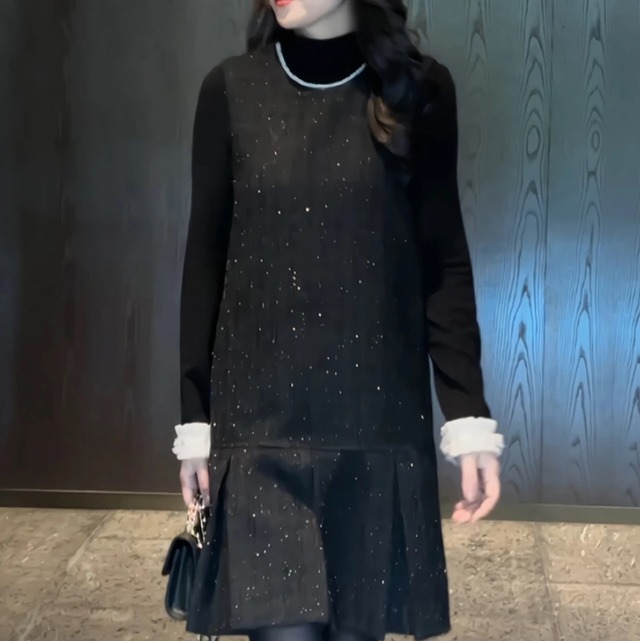 tweed-style two-piece long-sleeve top , black sleeveless dress＜d2977＞