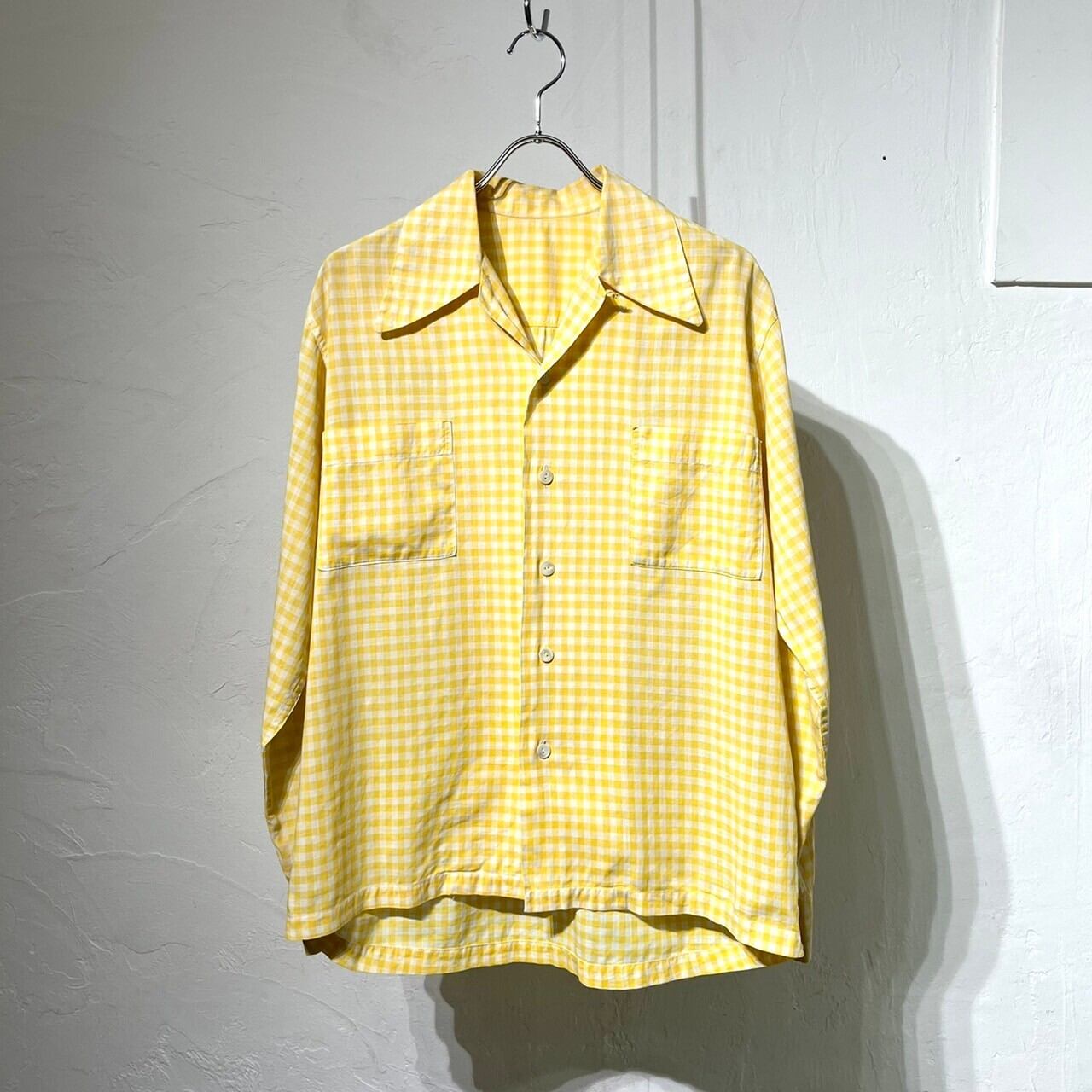 50s Unknown Gingham Check Shirt Open Collar Cotton Shirt