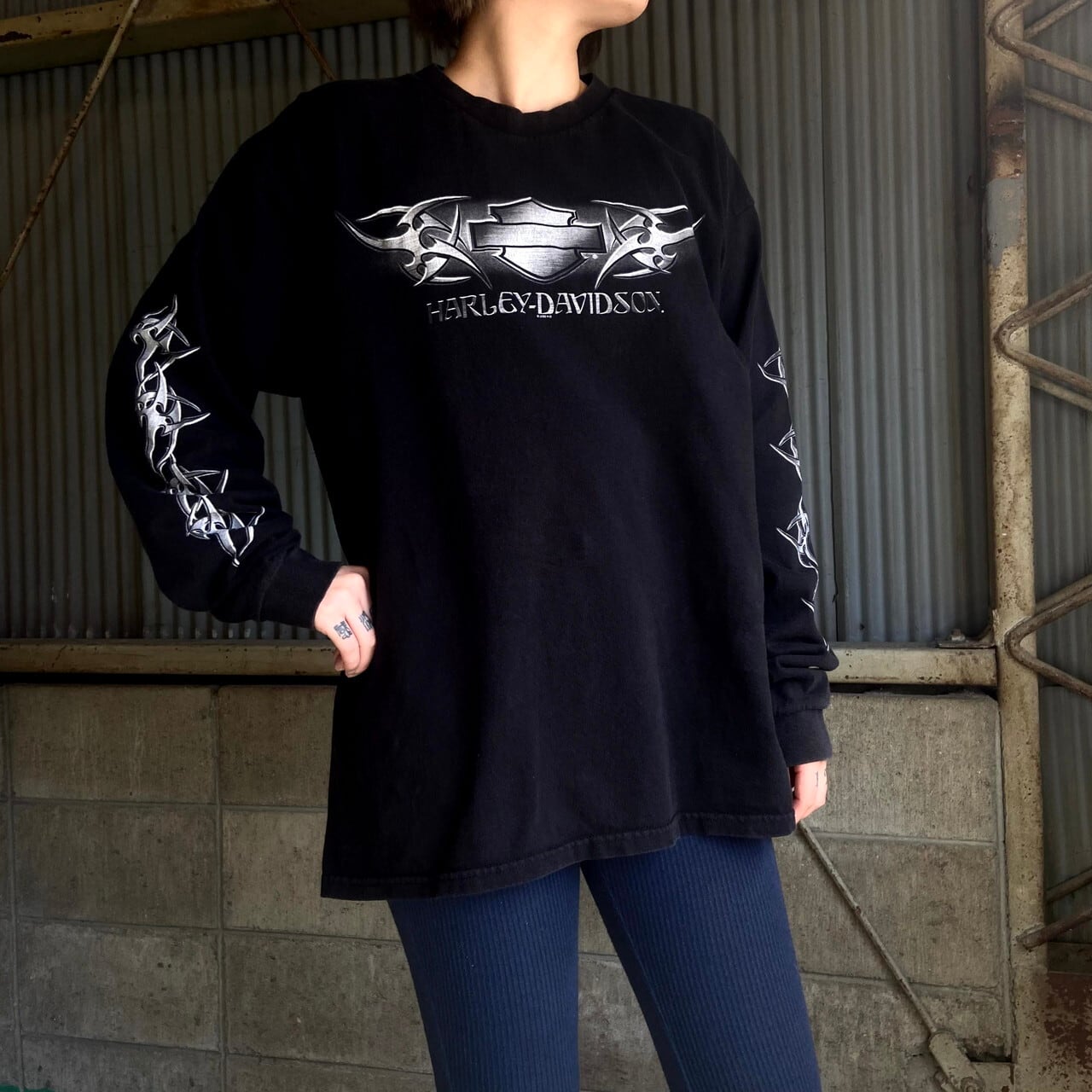 Harley-Davidson ハーレーダビッドソン ロングTシャツ メンズXL 古着 ロゴプリント バイク モーターサイクルTシャツ トライバル柄  袖プリント バックプリント ブラック 黒【ロングＴシャツ】【AL2109】 | cave 古着屋【公式】古着通販サイト powered by BASE