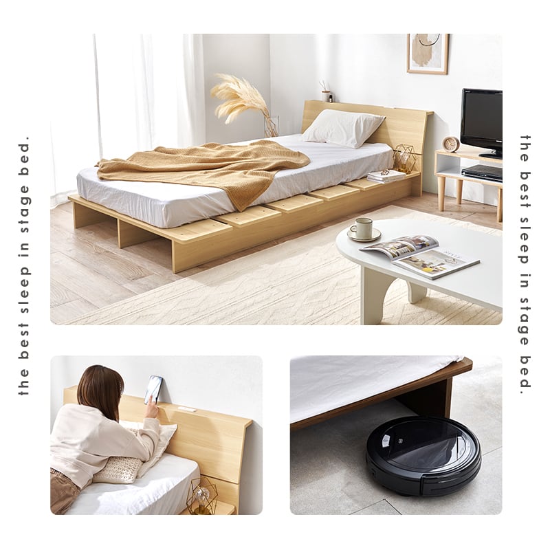 【組立式】耐荷重350kg シングルベッド 棚 コンセント付きステージベッド ボンネルコイルマットレスセット 2色展開 一人暮らし ワンルーム 幅120cm