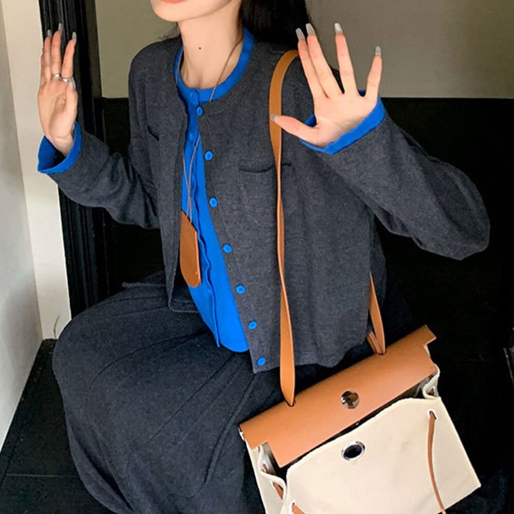 【送料無料】 レイヤード風 ニット カーディガン 重ね着 レディース 春秋 韓国 トップス 羽織り きれいめ 大人 カジュアル おしゃれ 切り替え 配色 長袖 ニットカーディガン 大人可愛い 大人女子