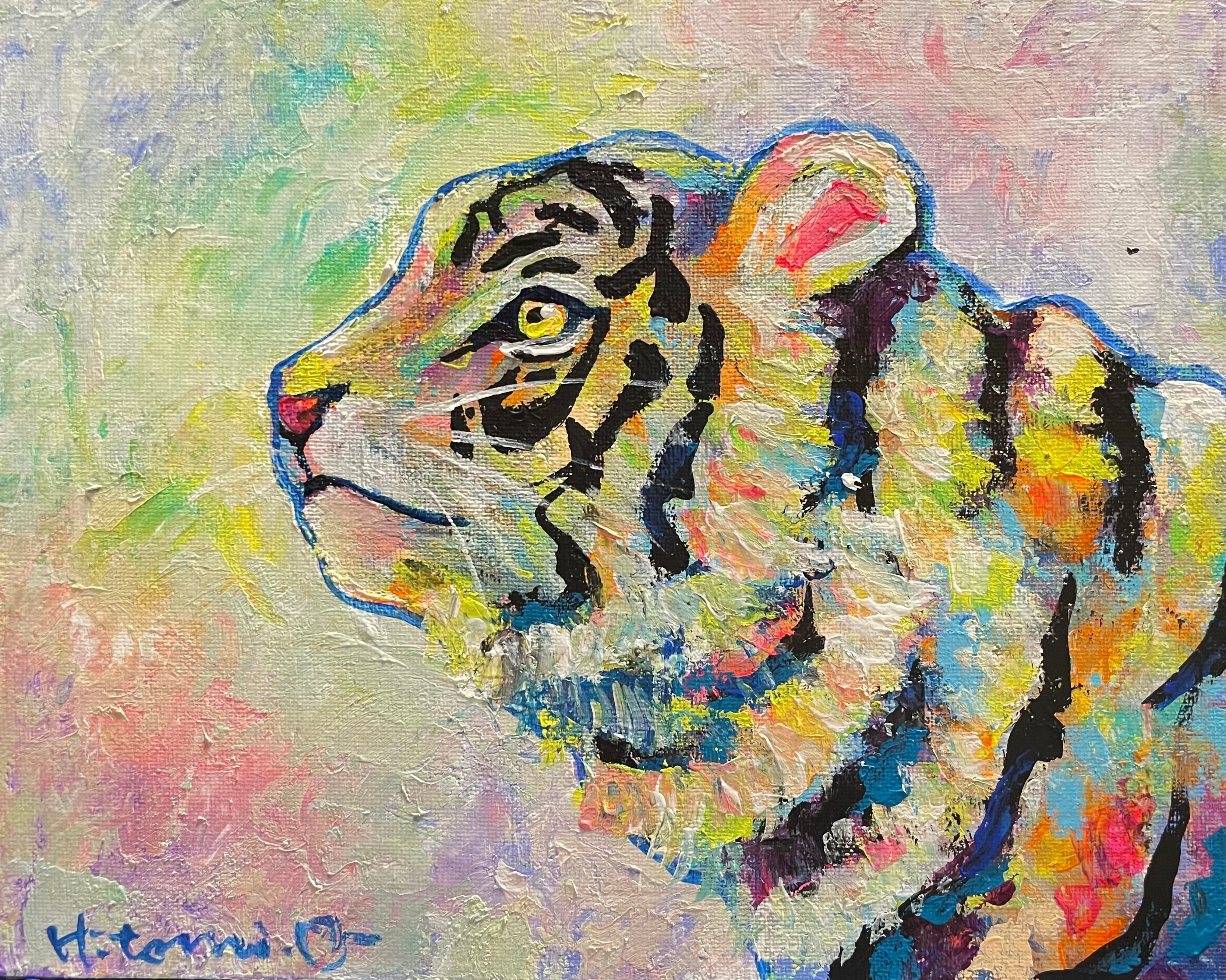 A-119/26】原画 絵画 動物画 虎 カラフル 27.3×22cmキャンバス 真作